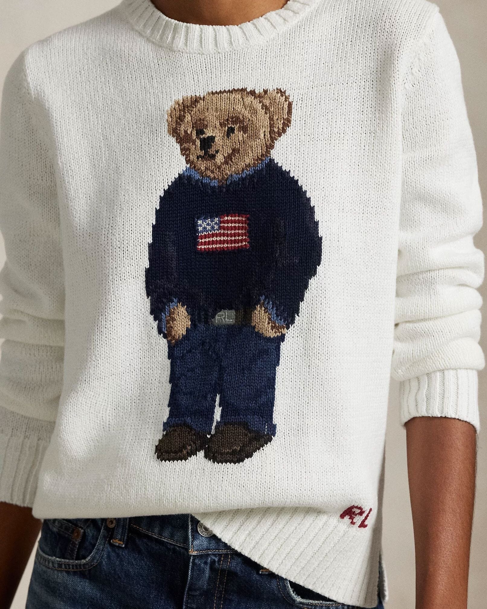 Herren Polo Bear Pullover aus Leinen-Baumwoll-Mix mit Rundhalsausschnitt