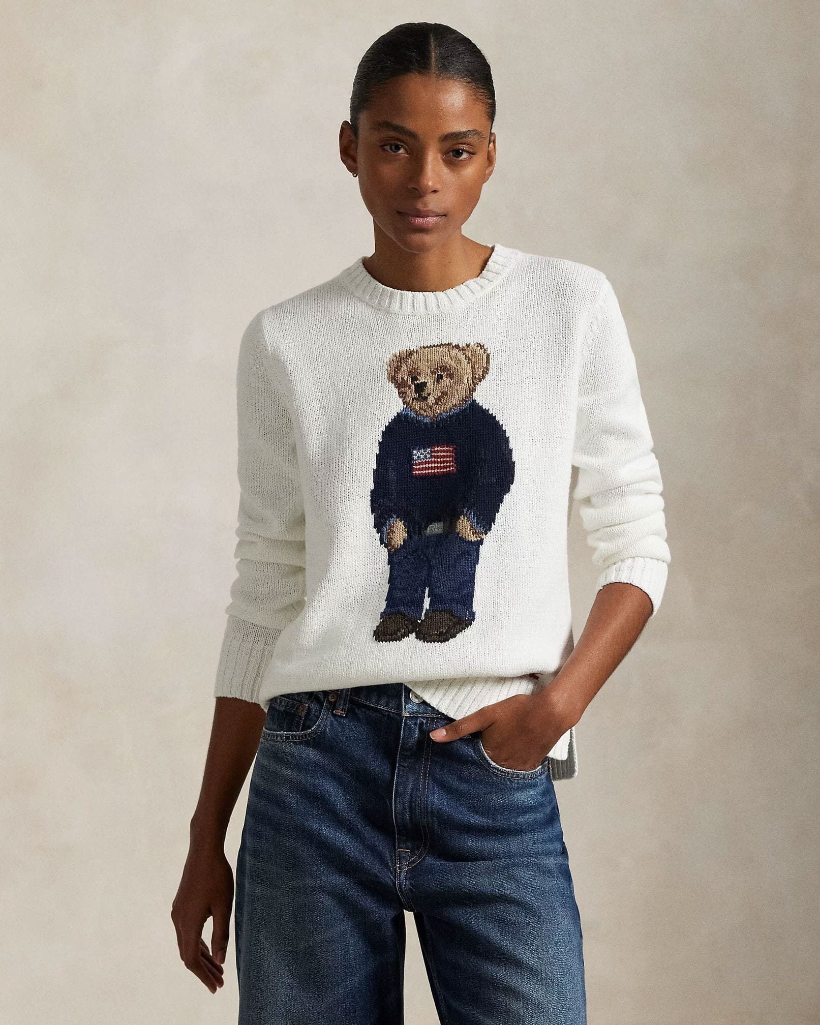Herren Polo Bear Pullover aus Leinen-Baumwoll-Mix mit Rundhalsausschnitt